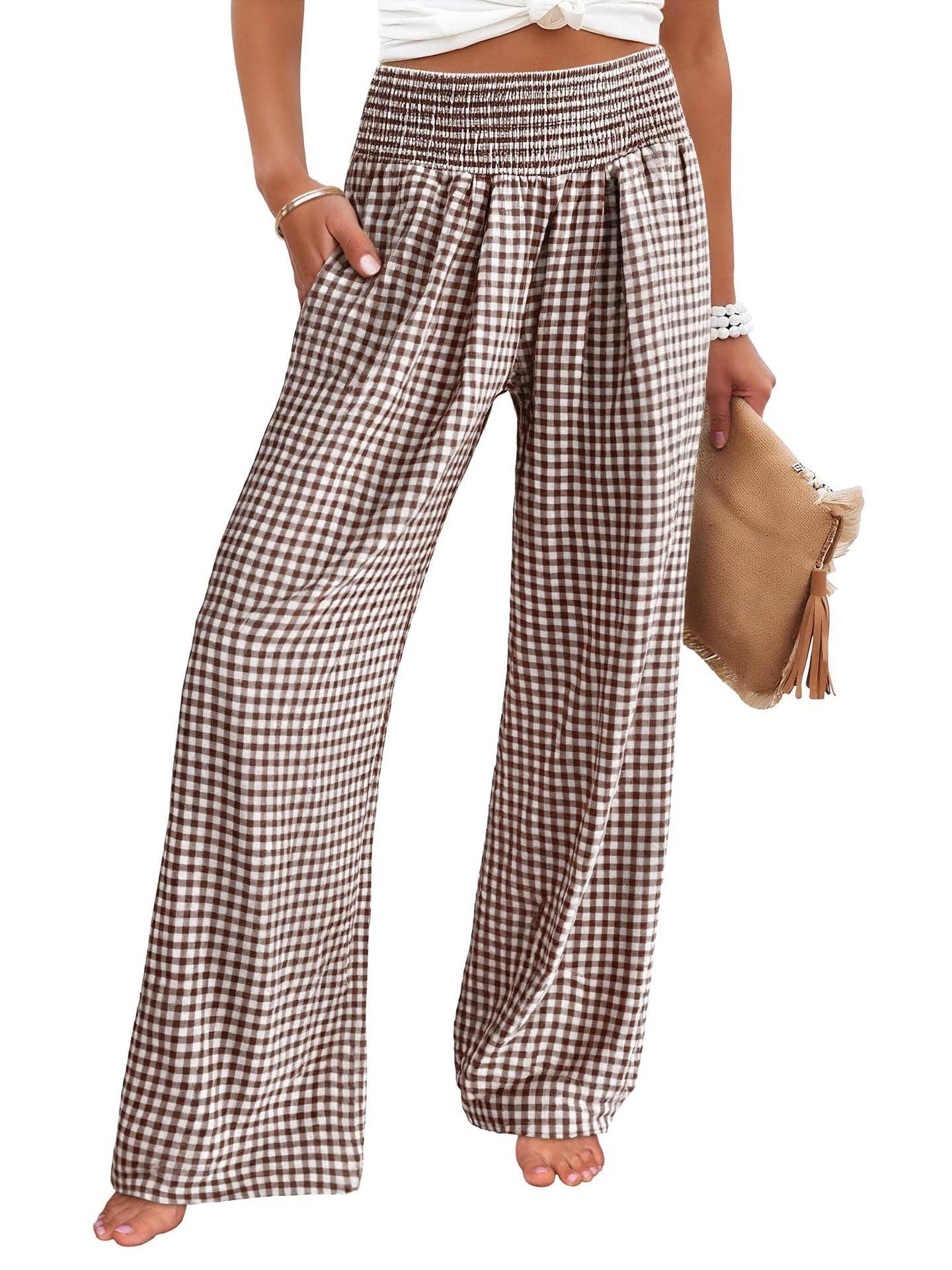 Gingham High Waist Wide Leg Pants with Pockets