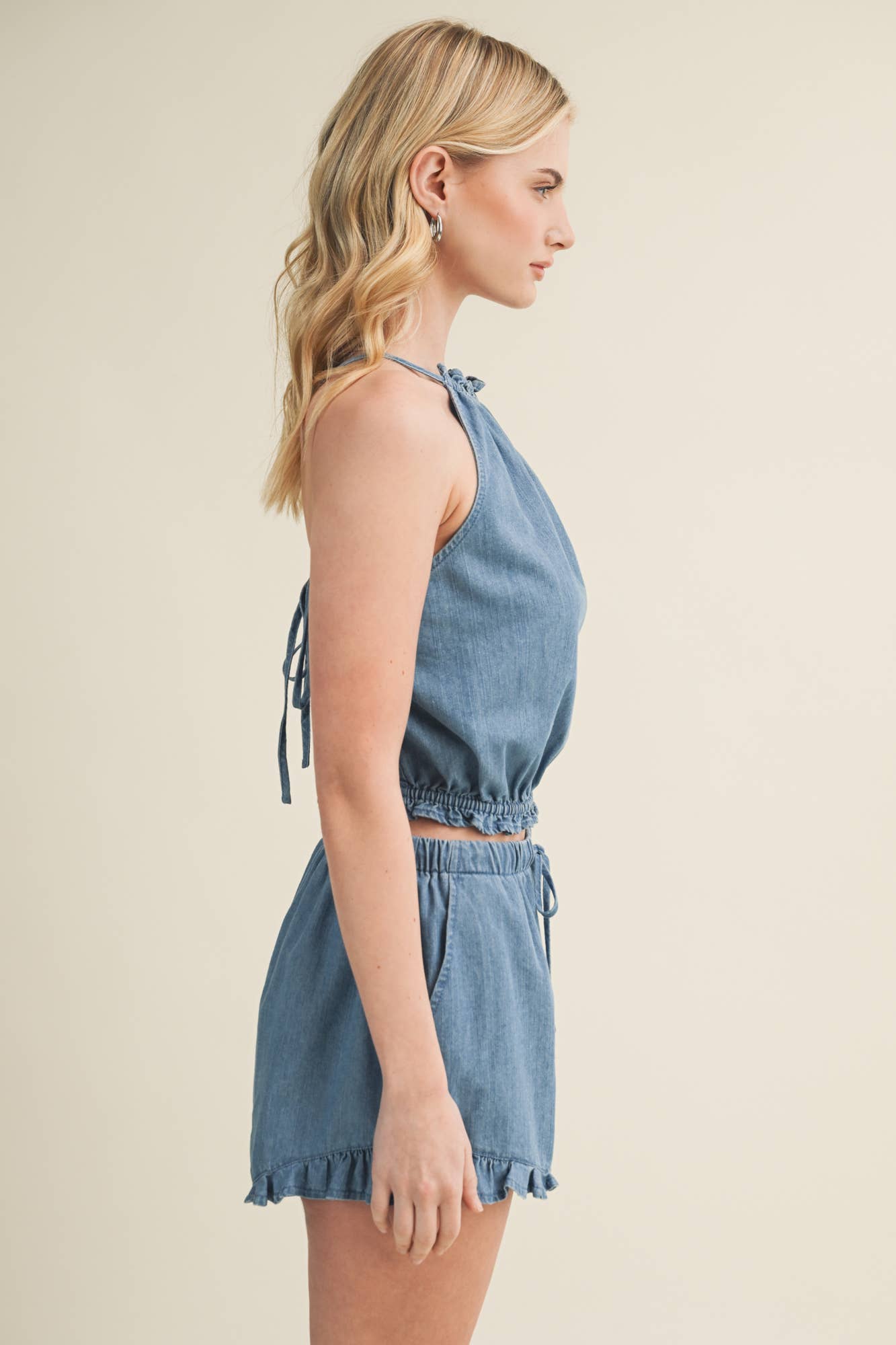 Gathered Halter Tie-Back Denim Top