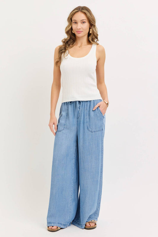 ELASTIC WAIST PULL ON WIDE-LEG  PALAZZO TENCEL CASUAL PANTS