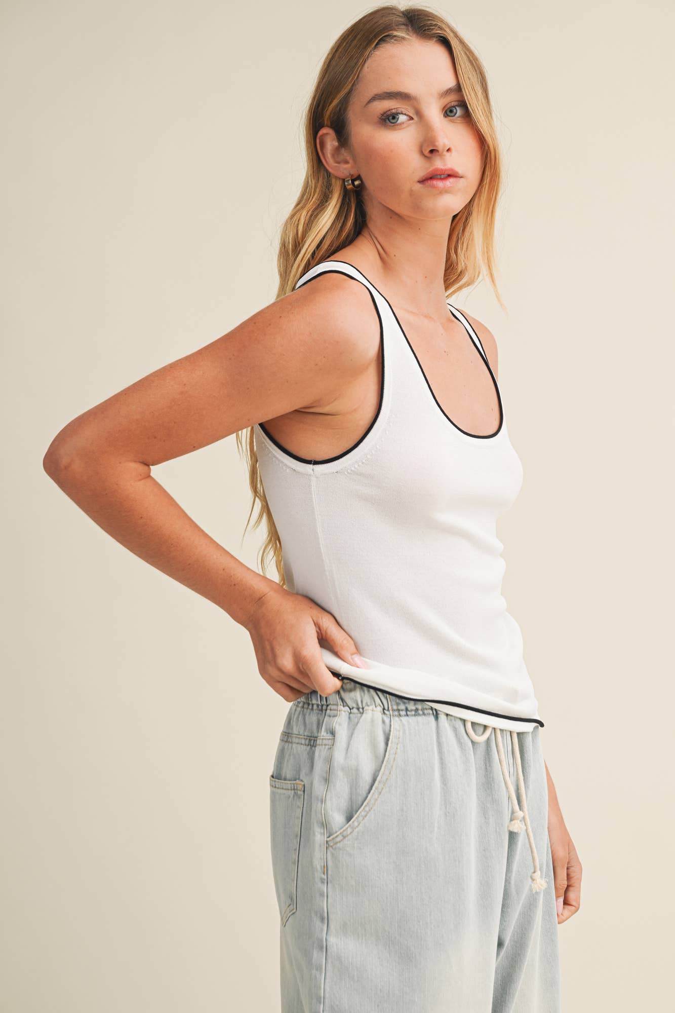 Contrast Piped Ribbed Knit Tank