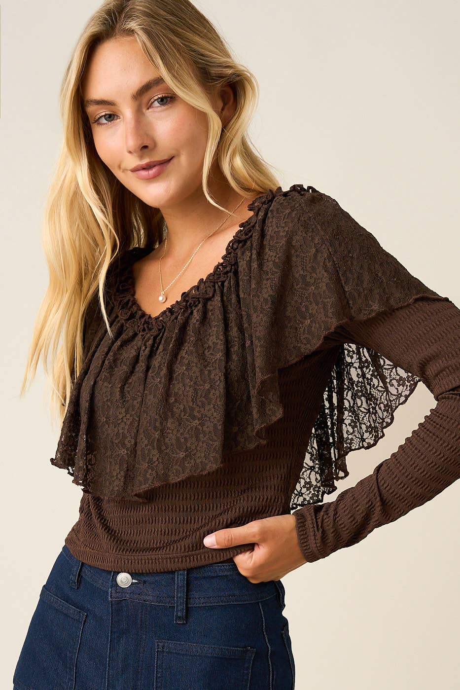 Lace Ruffle Long Sleeve Top