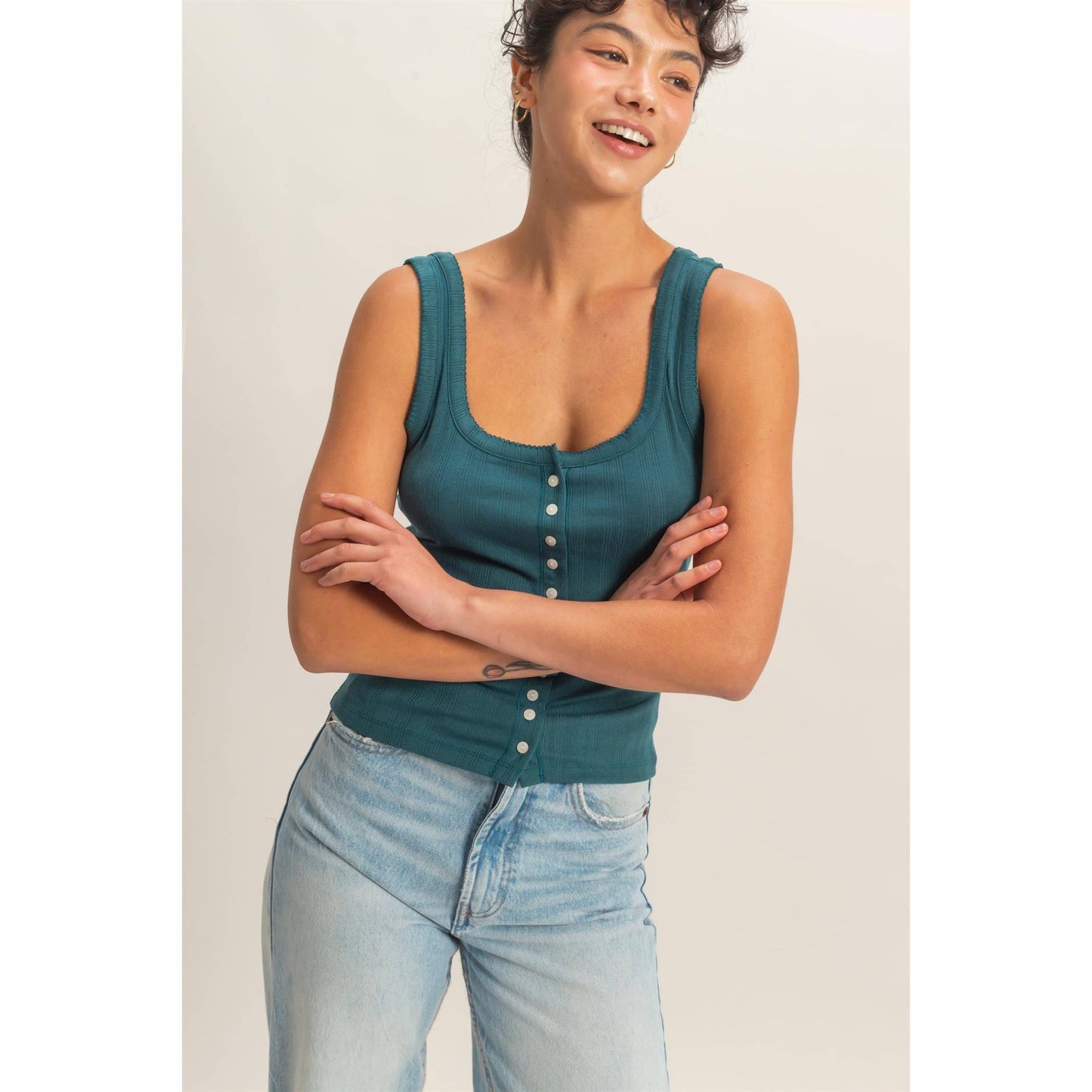 Pointelle Button Front Scoop Neck Tank Top