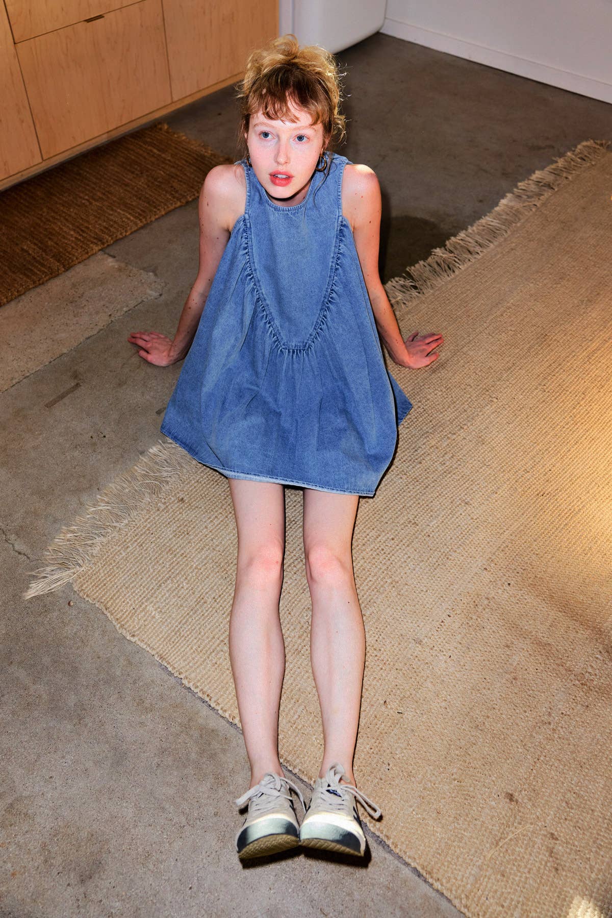 Sleeveless Shirring Denim Mini Tunic Dress