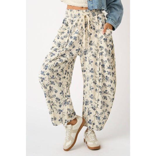 BLUE FLORAL PRINT SEAM DETAIL PULL ON BARREL PANTS