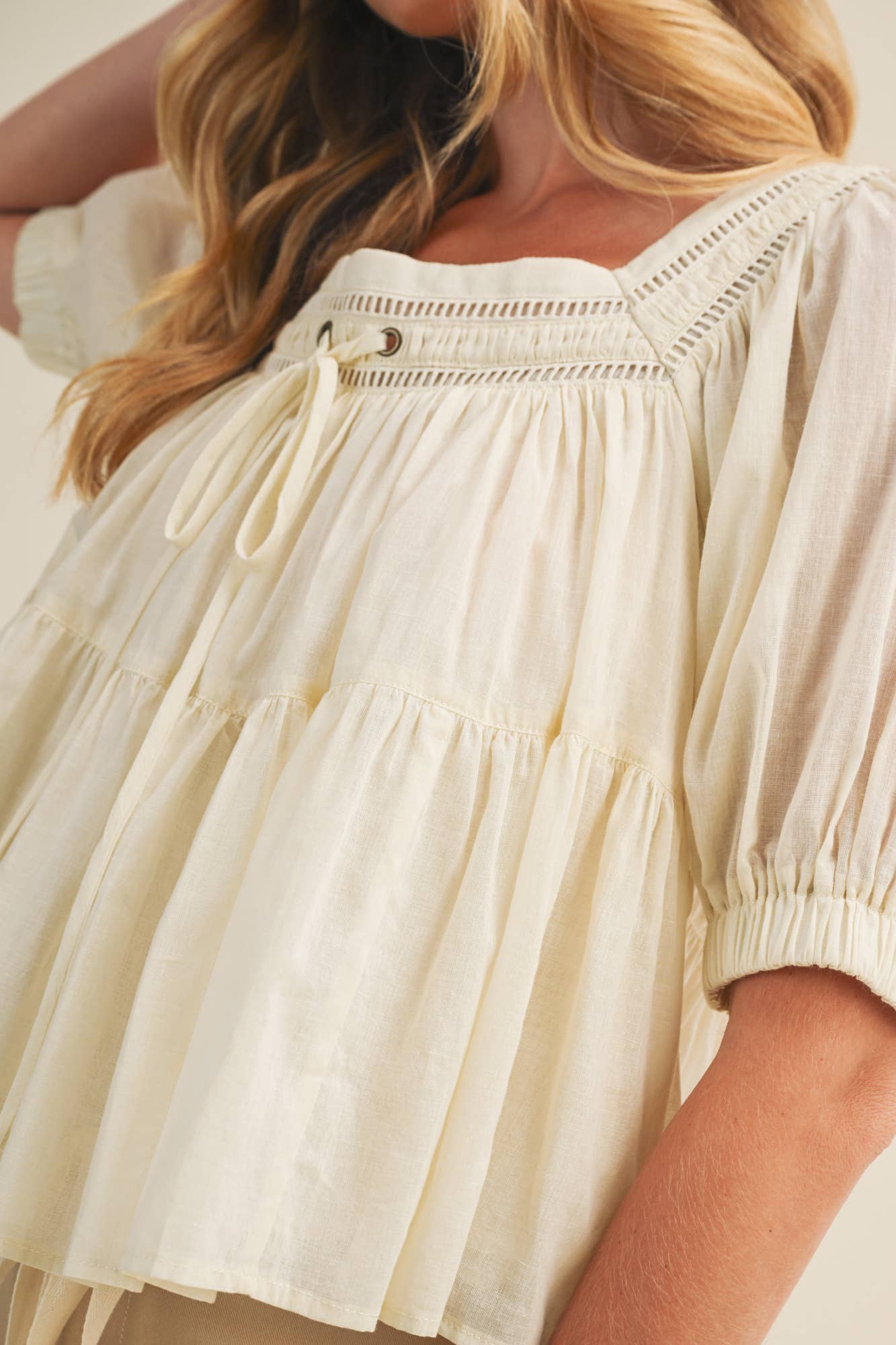 Lace Inset Square Neck Tiered Blouse