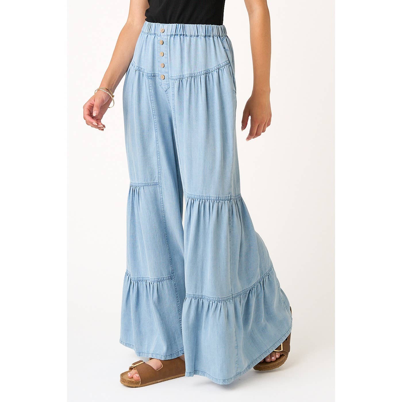 WASHED CHAMBRAY TIERED WIDE LEG BUTTON FRONT PANTS