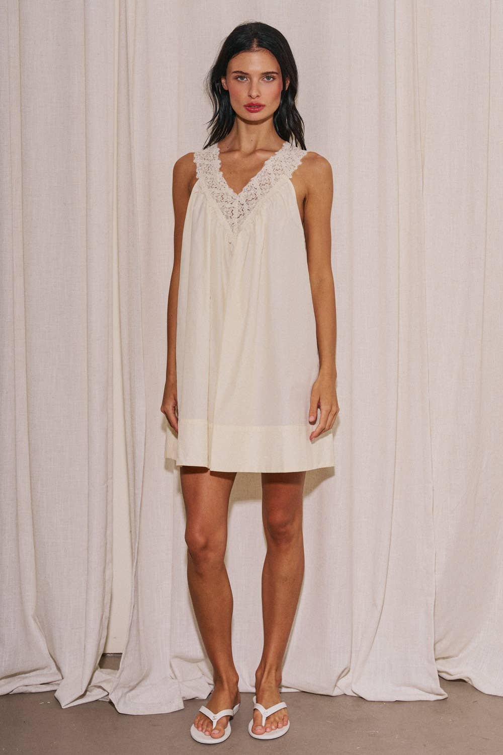 Ladies Woven Sleeveless Lace Neck Mini Dress