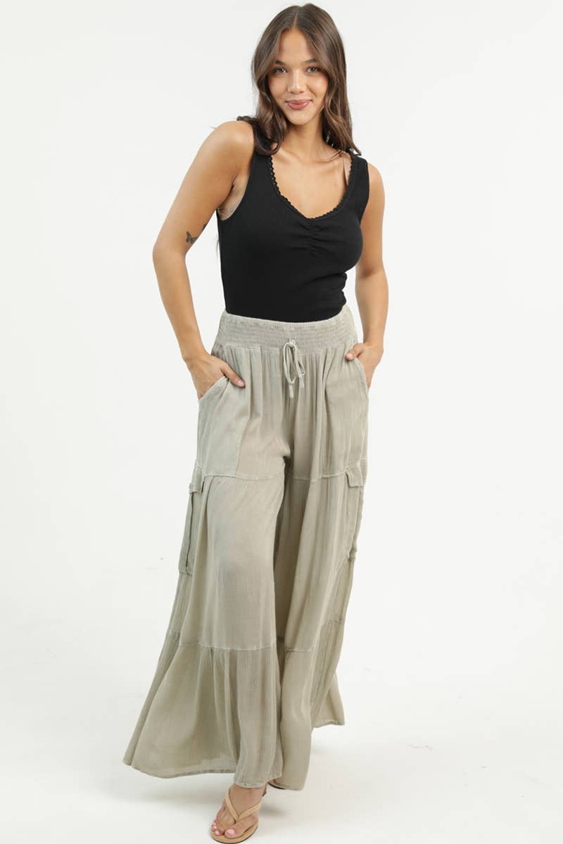 WIDE LEG PANTS WITH SMOCKED WAISTBAND AND CARGO