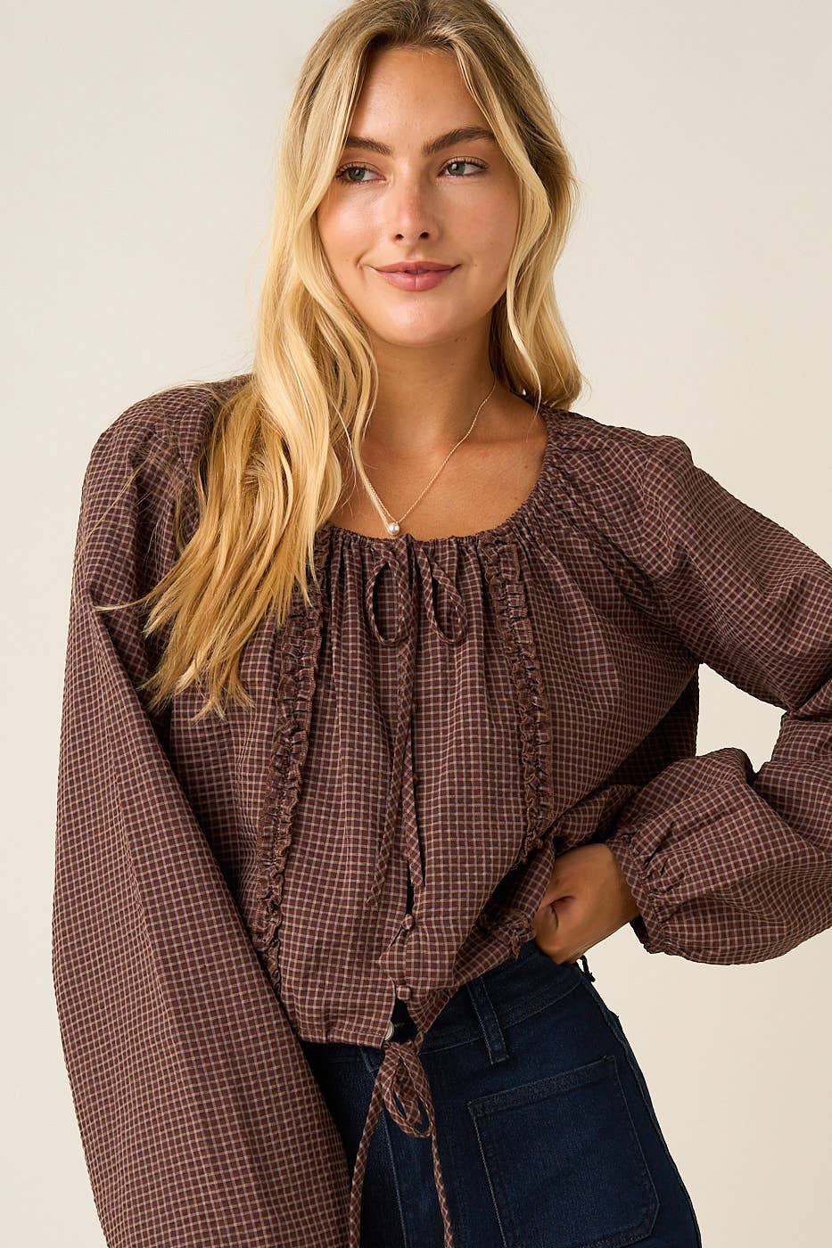 CHECKERED RUFFLE TRIM TIE FRONT TOP