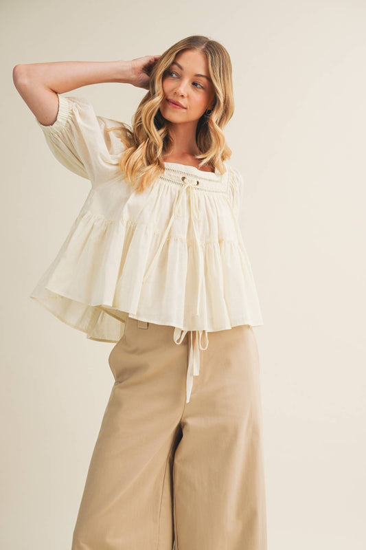 Lace Inset Square Neck Tiered Blouse