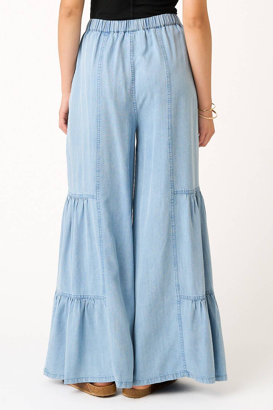 WASHED CHAMBRAY TIERED WIDE LEG BUTTON FRONT PANTS