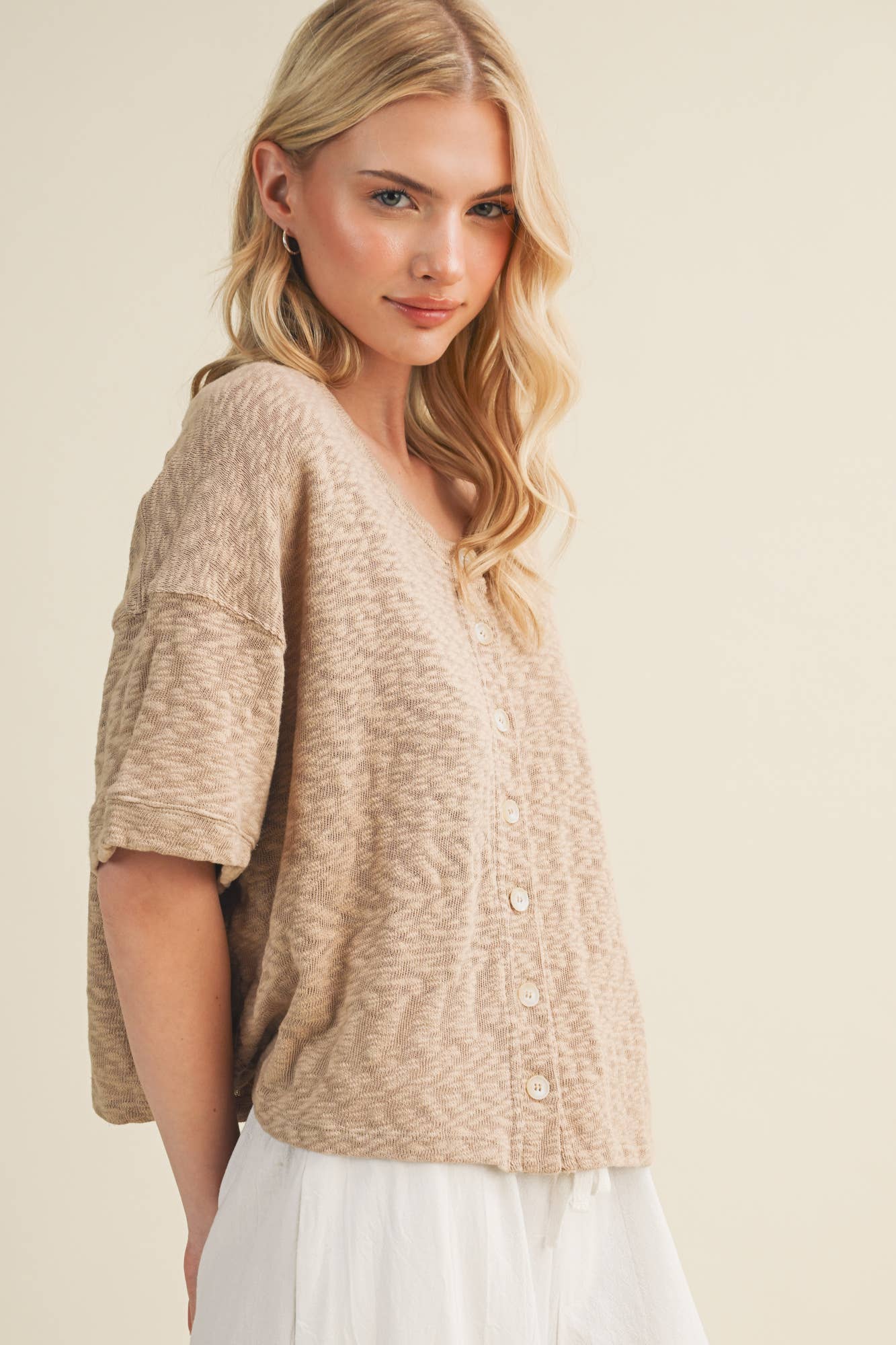 Slub Knit Boxy Button-Front Blouse