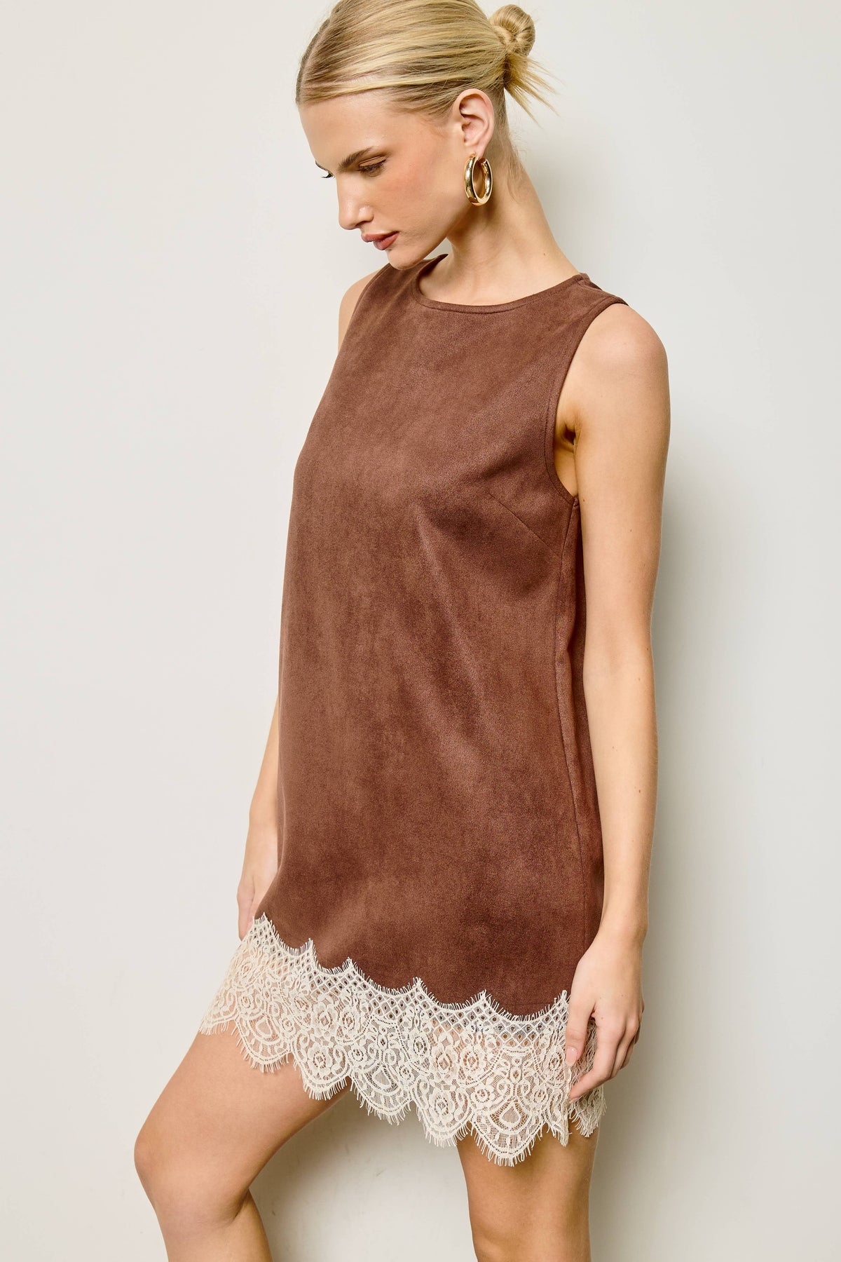 Lace Hem Suede Mini Dress