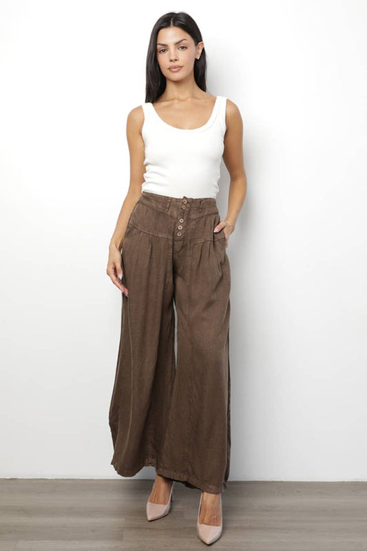 ACID WASH BUTTON FRONT WIDE LEG PANTS