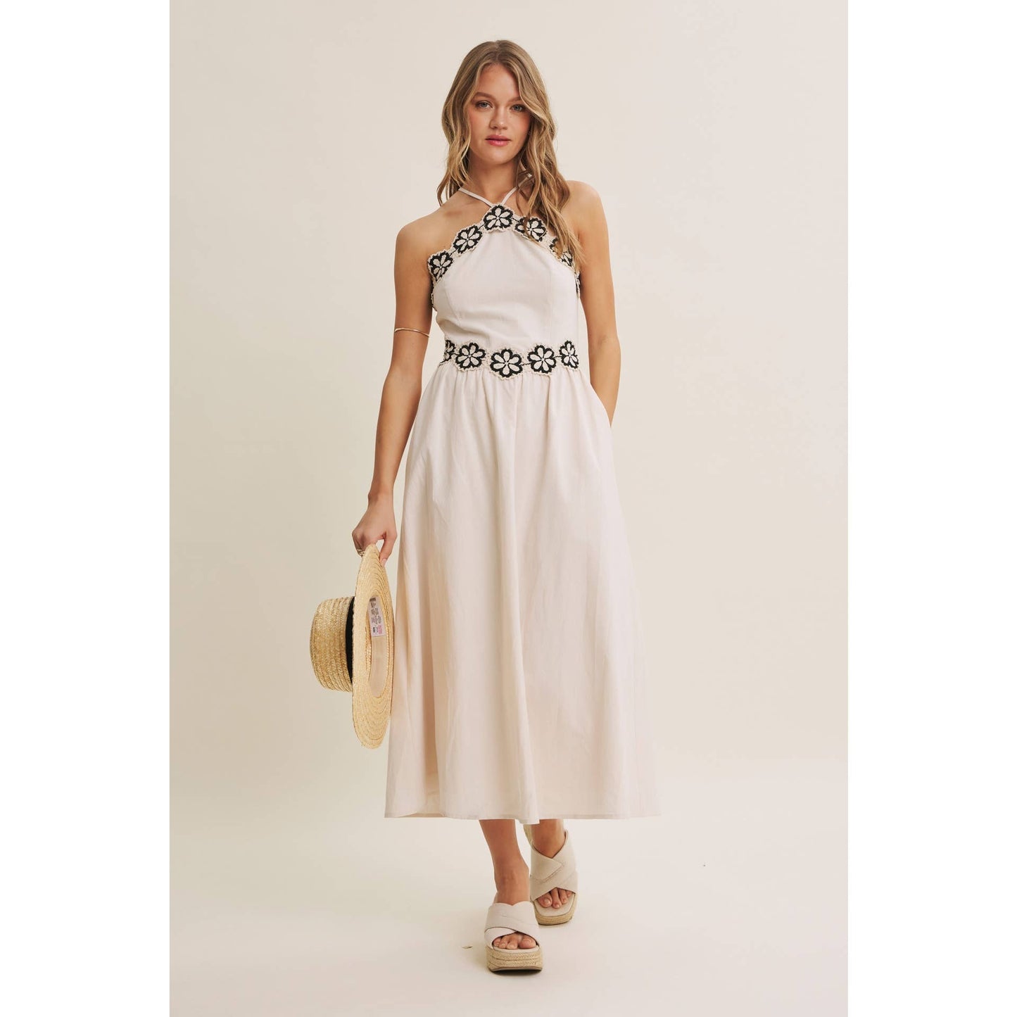 SUNSET TERRACE CROCHET LACE HALTER NECK SMOCKED MIDI DRESS
