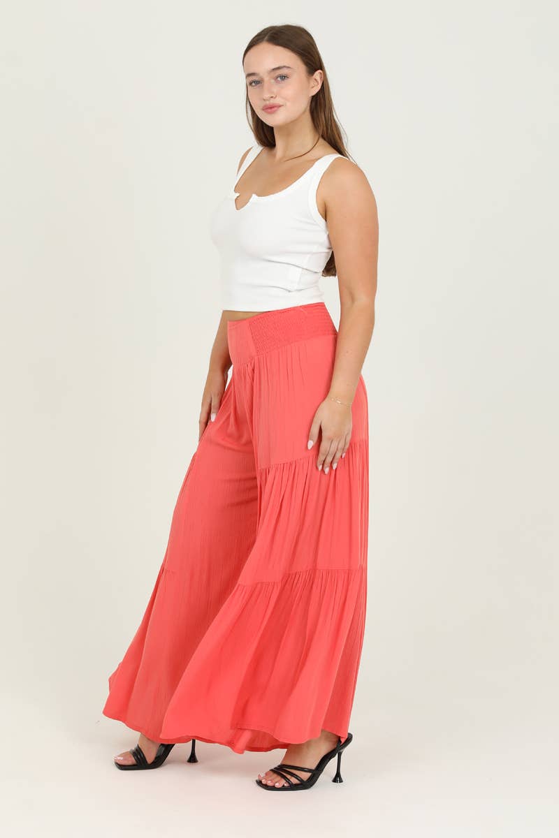 TIERED WIDE LEG PANTS WITH SMOCKED WAISTBAND