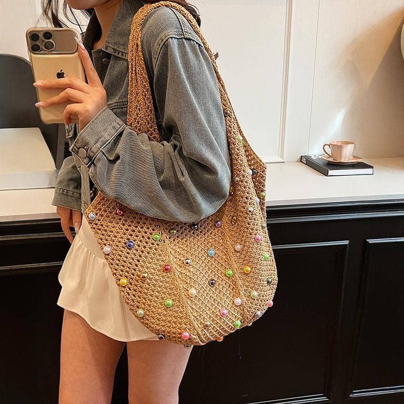 Woven Bag Pearl Hollow Tote Bag Large Capacity