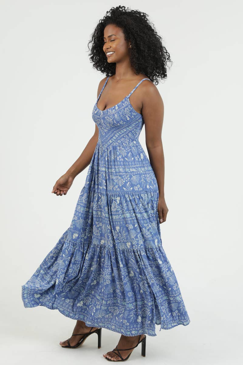 V NECK SMOCKED BODICE MAXI DRESS