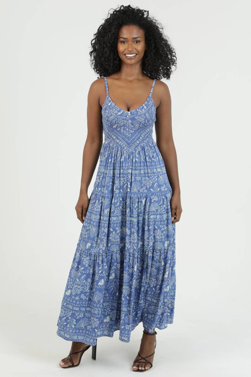 V NECK SMOCKED BODICE MAXI DRESS