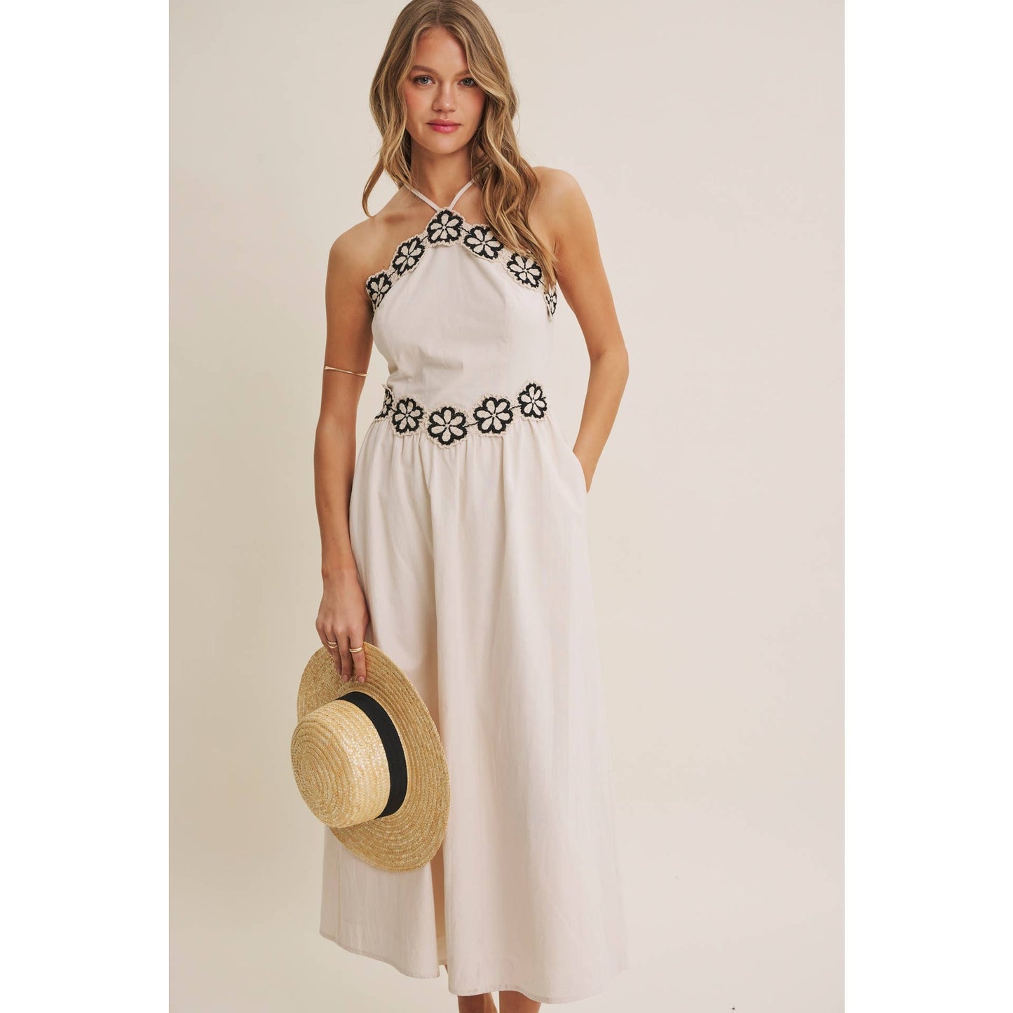 SUNSET TERRACE CROCHET LACE HALTER NECK SMOCKED MIDI DRESS