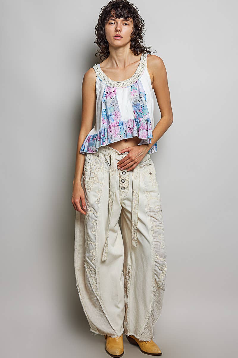 Lace Trim Outseam Detail Solid Wide Leg Twill Pants