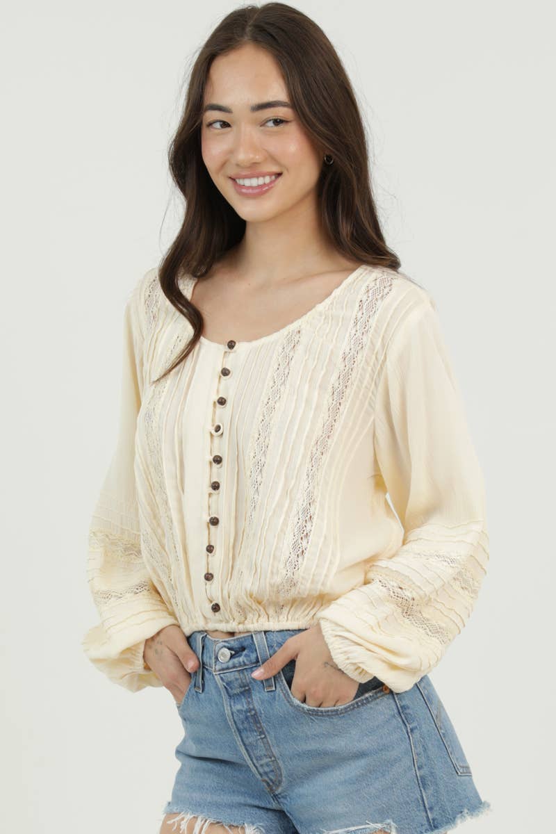 LACE TRIMS BUTTON FRONT LONG SLEEVE BLOUSE