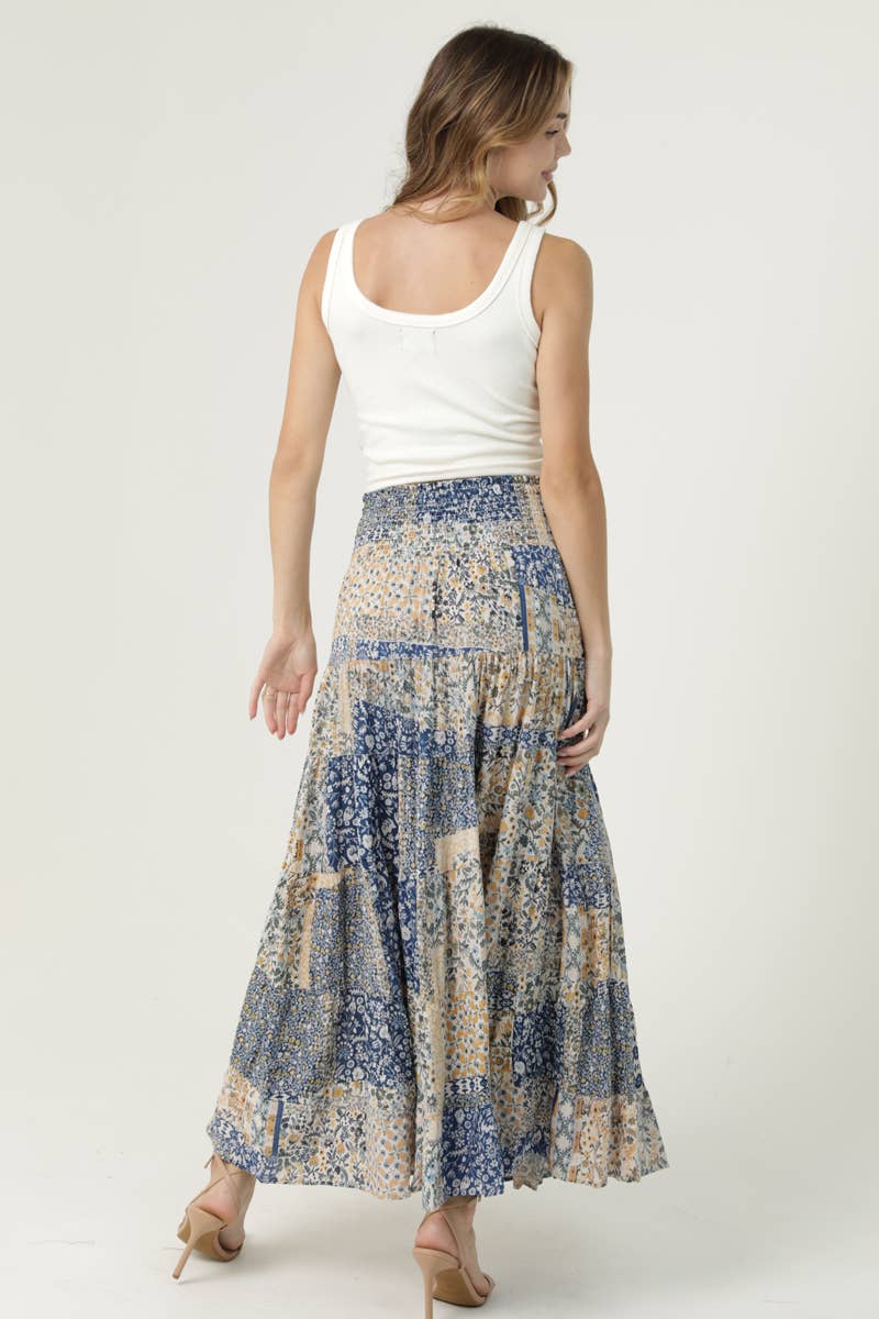 SMOCKED WAISTBAND PATCHWORK PRINT A LINE TIERED M