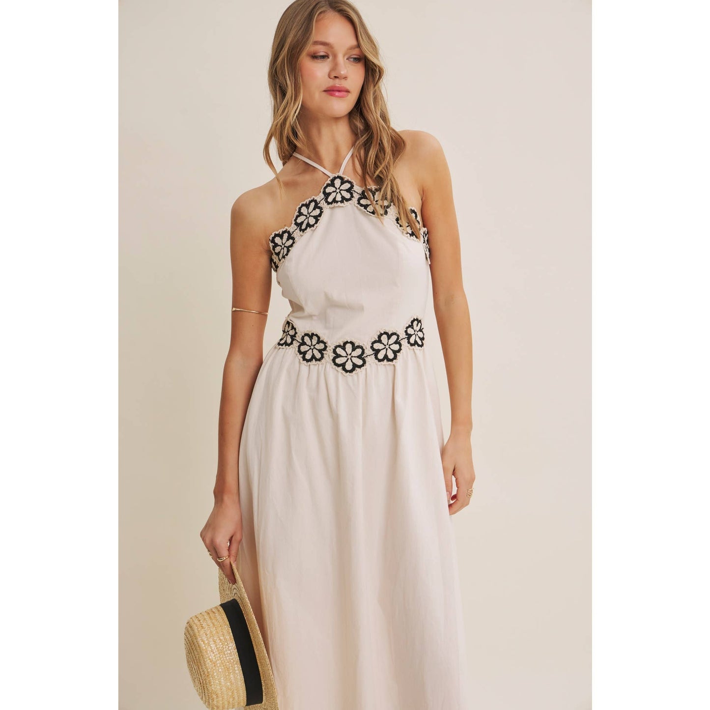 SUNSET TERRACE CROCHET LACE HALTER NECK SMOCKED MIDI DRESS