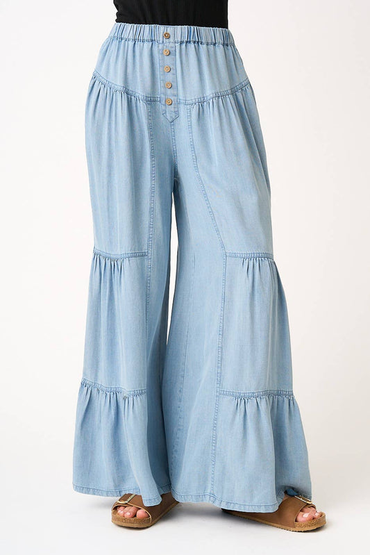 WASHED CHAMBRAY TIERED WIDE LEG BUTTON FRONT PANTS