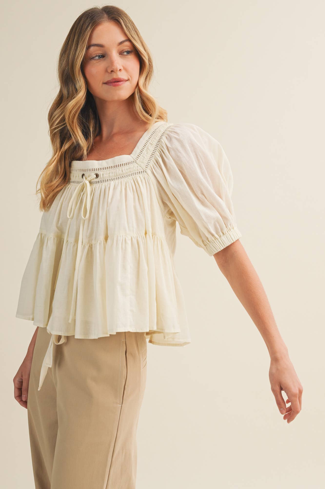 Lace Inset Square Neck Tiered Blouse