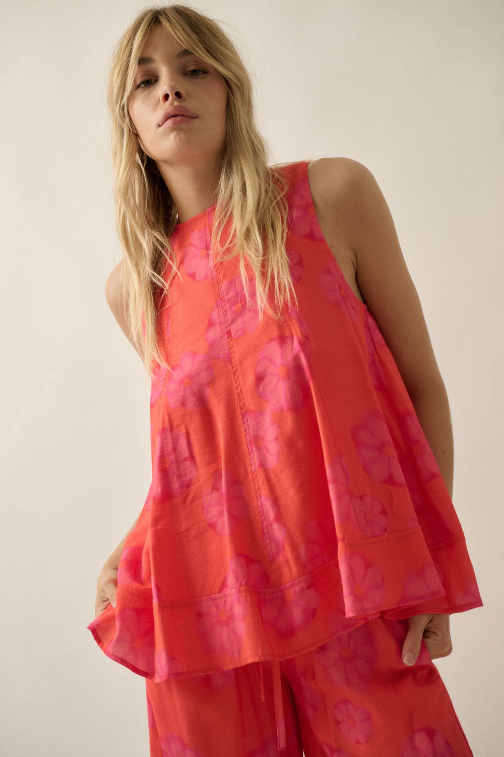 Floral-Print Sleeveless A-Line Tunic Top