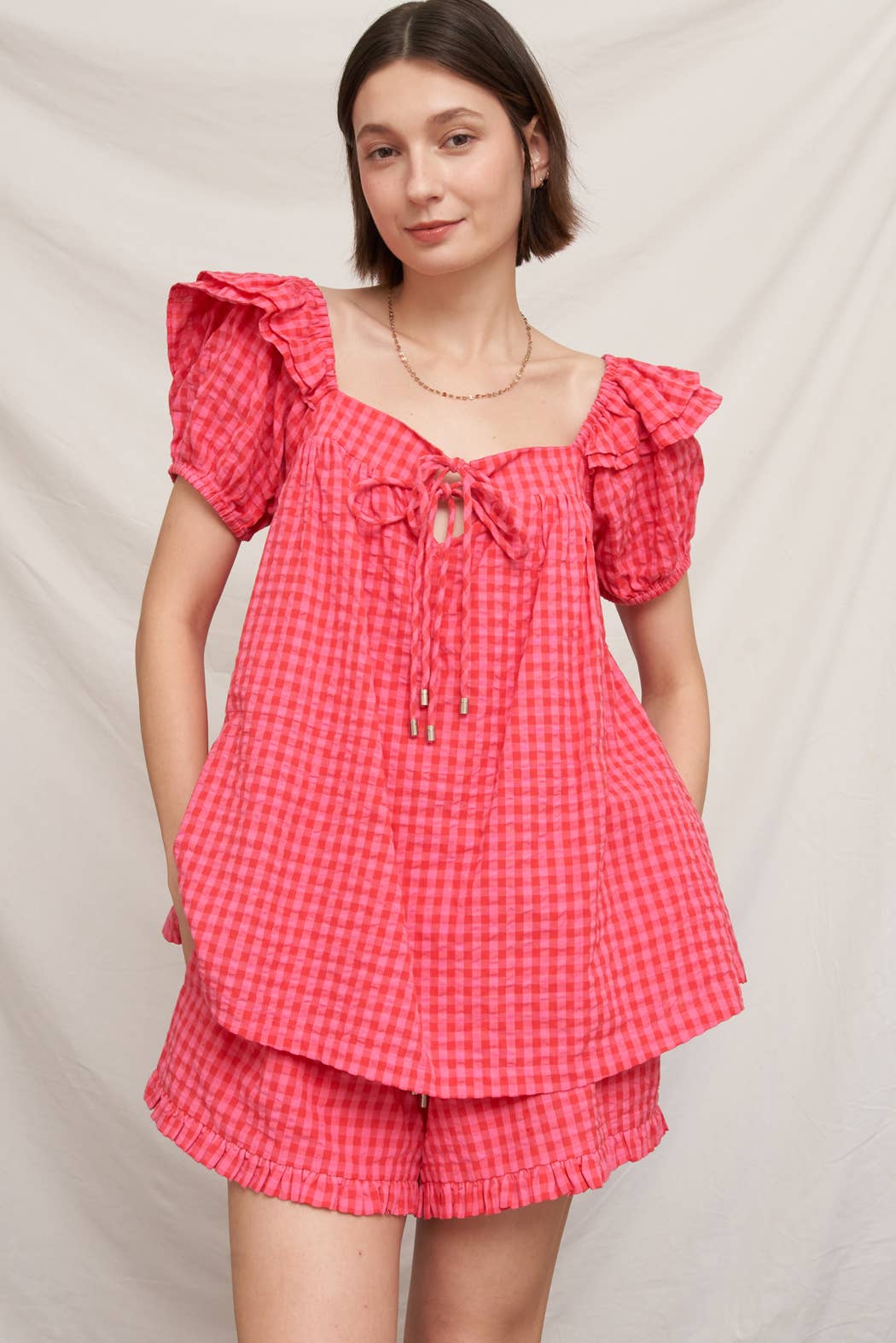 Ruffle Sleeve Square Neck Plaid Top