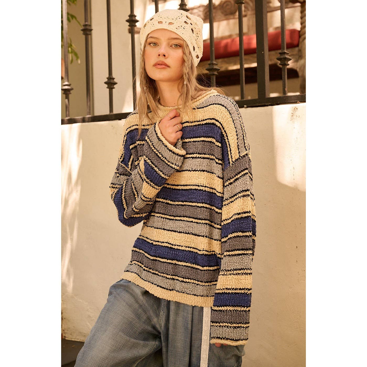 Contrast Stripe Loose Knit Sweater
