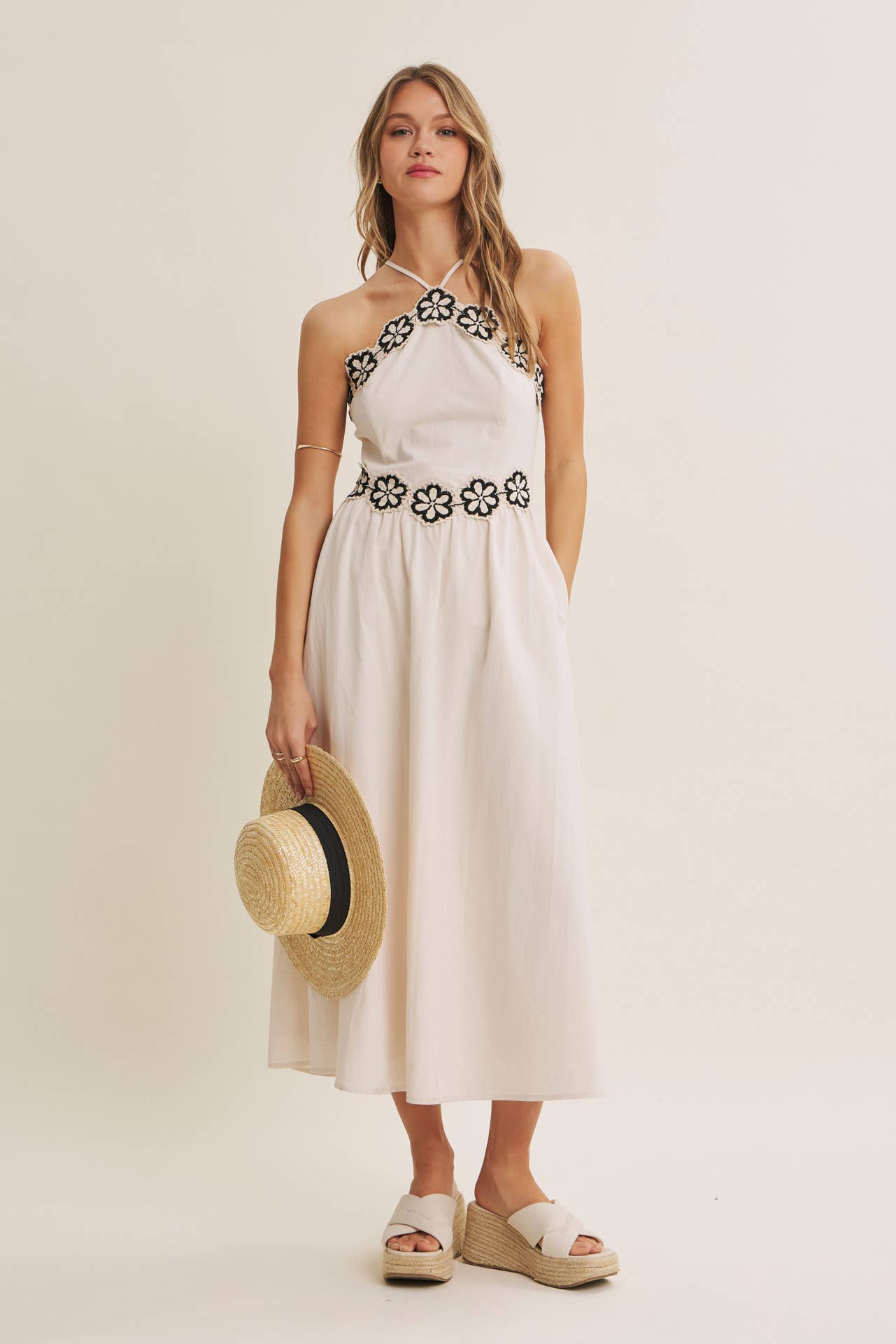SUNSET TERRACE CROCHET LACE HALTER NECK SMOCKED MIDI DRESS