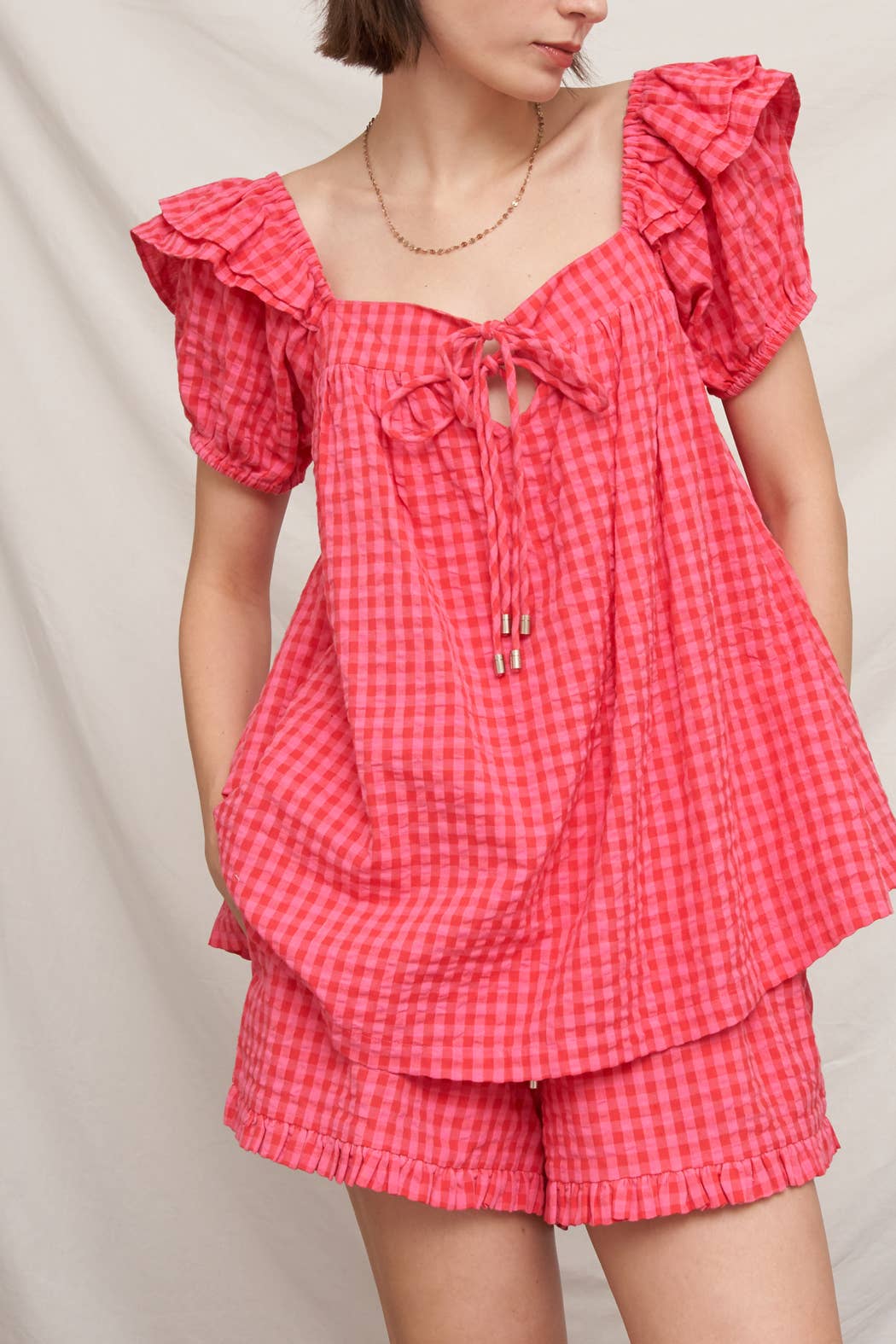 Ruffle Sleeve Square Neck Plaid Top