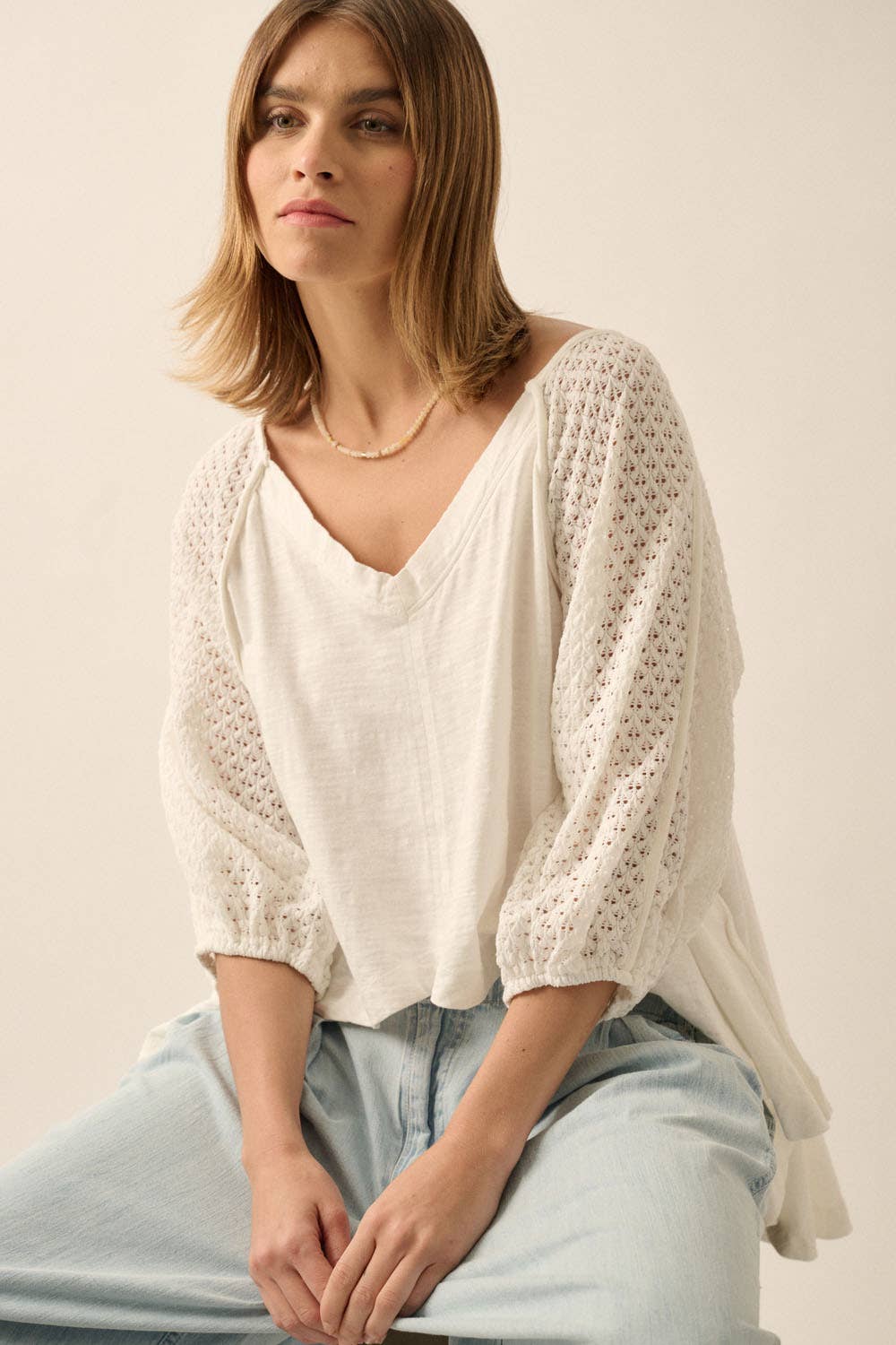 Oversized Crochet Raglan-Sleeve Cotton Knit Top