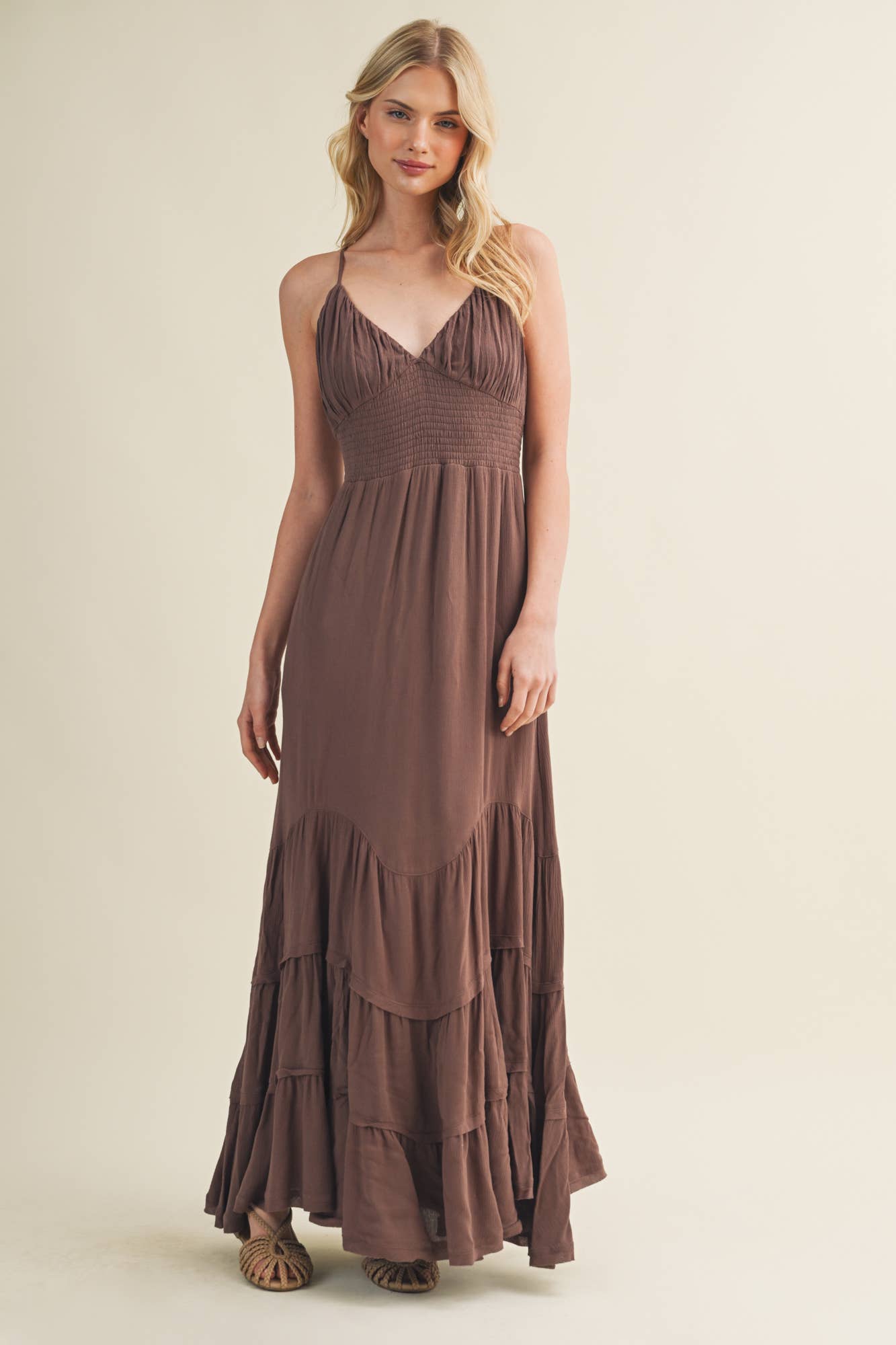 Contoured Shirring Cascading Tiered Dress