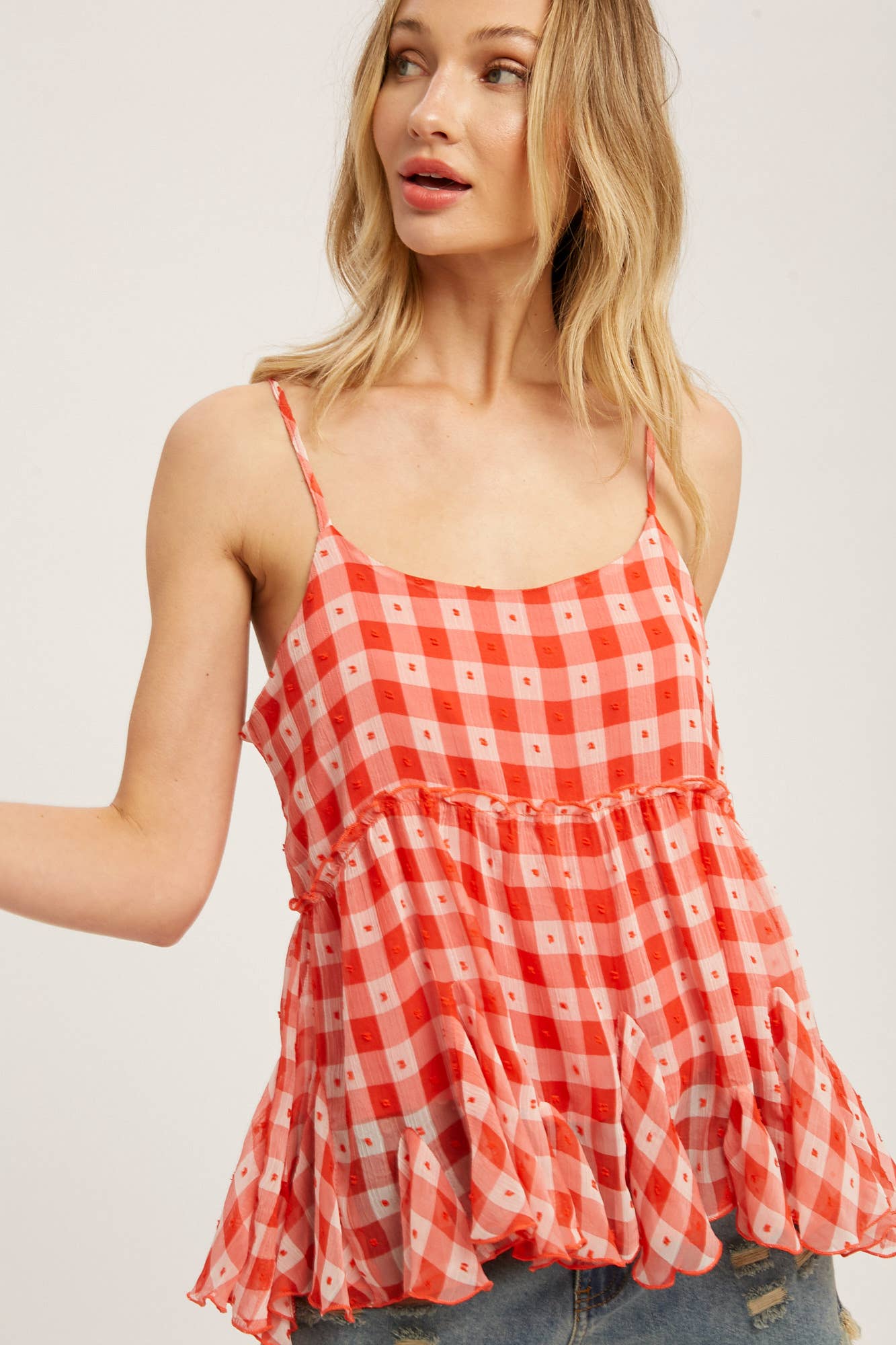 CHECKERED CHIFFON RUFFLE HEM CAMI