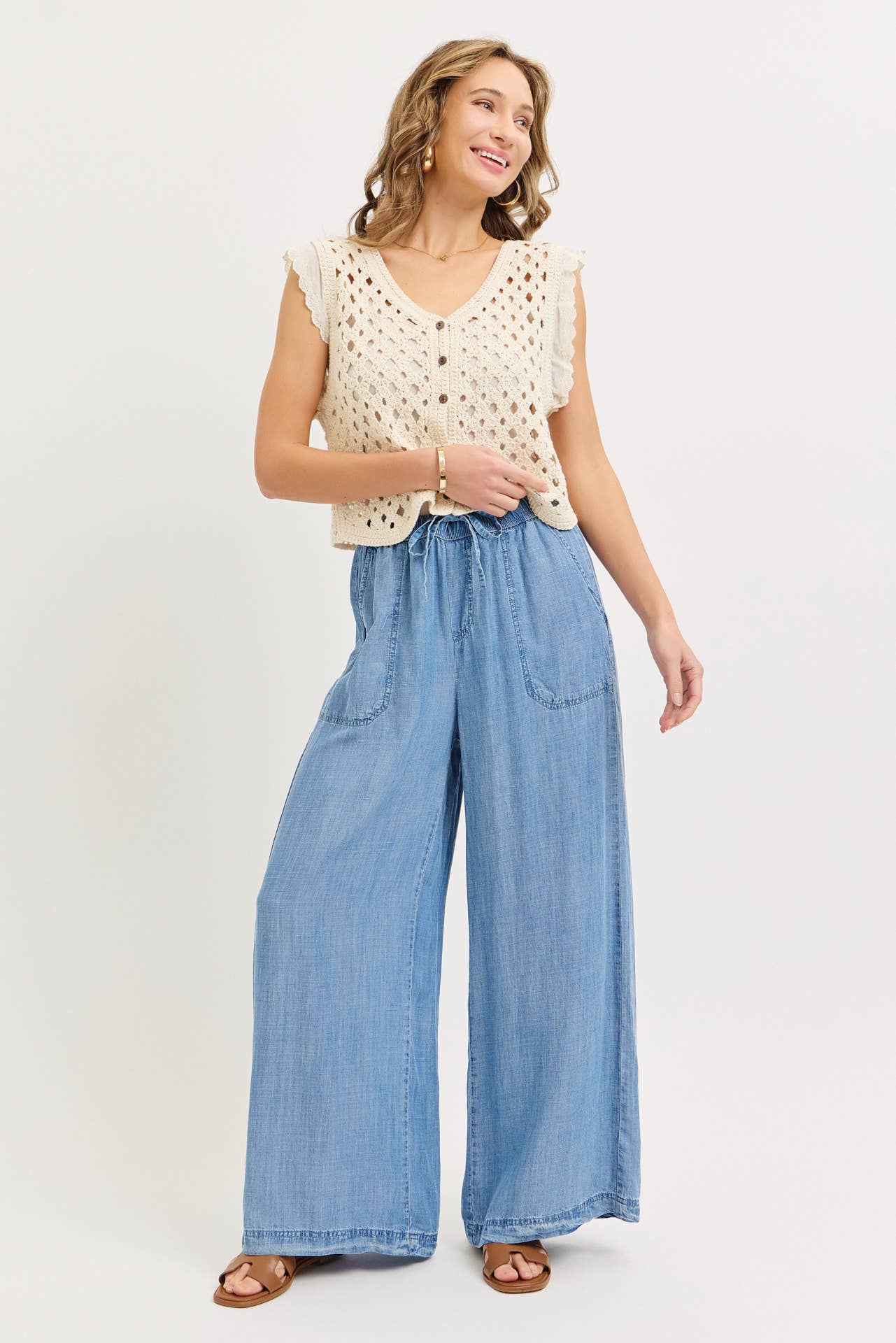 ELASTIC WAIST PULL ON WIDE-LEG  PALAZZO TENCEL CASUAL PANTS